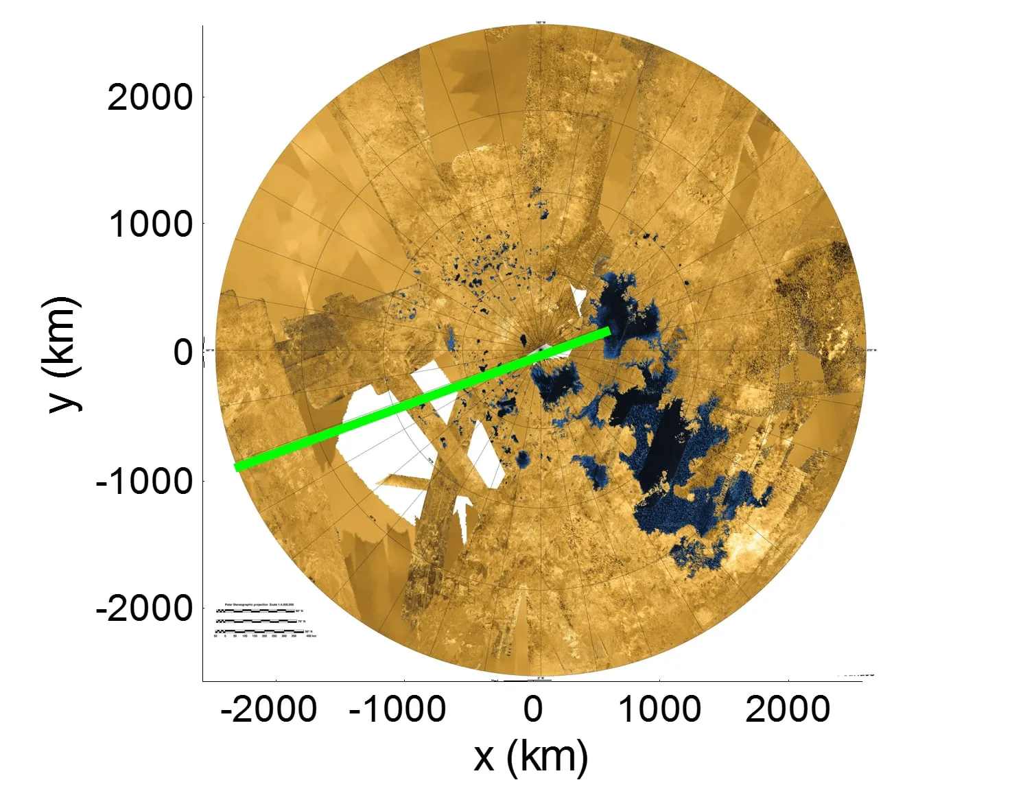 A 2D projection of the lander's descent trajectory onto Ligeia Mare, a methane lake at Titan's north pole.