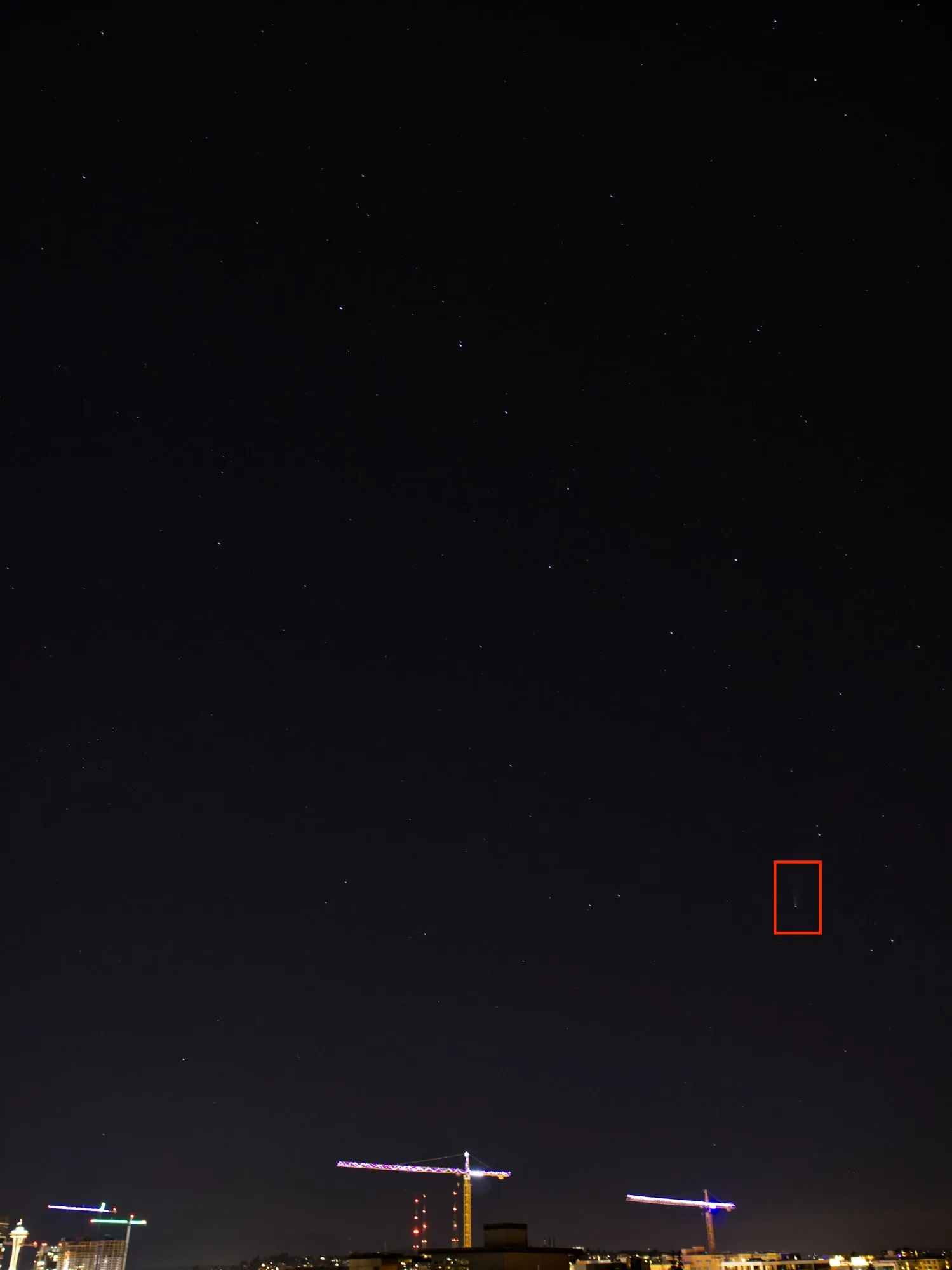Comet NEOWISE over the Seattle skyline with the Space Needle
