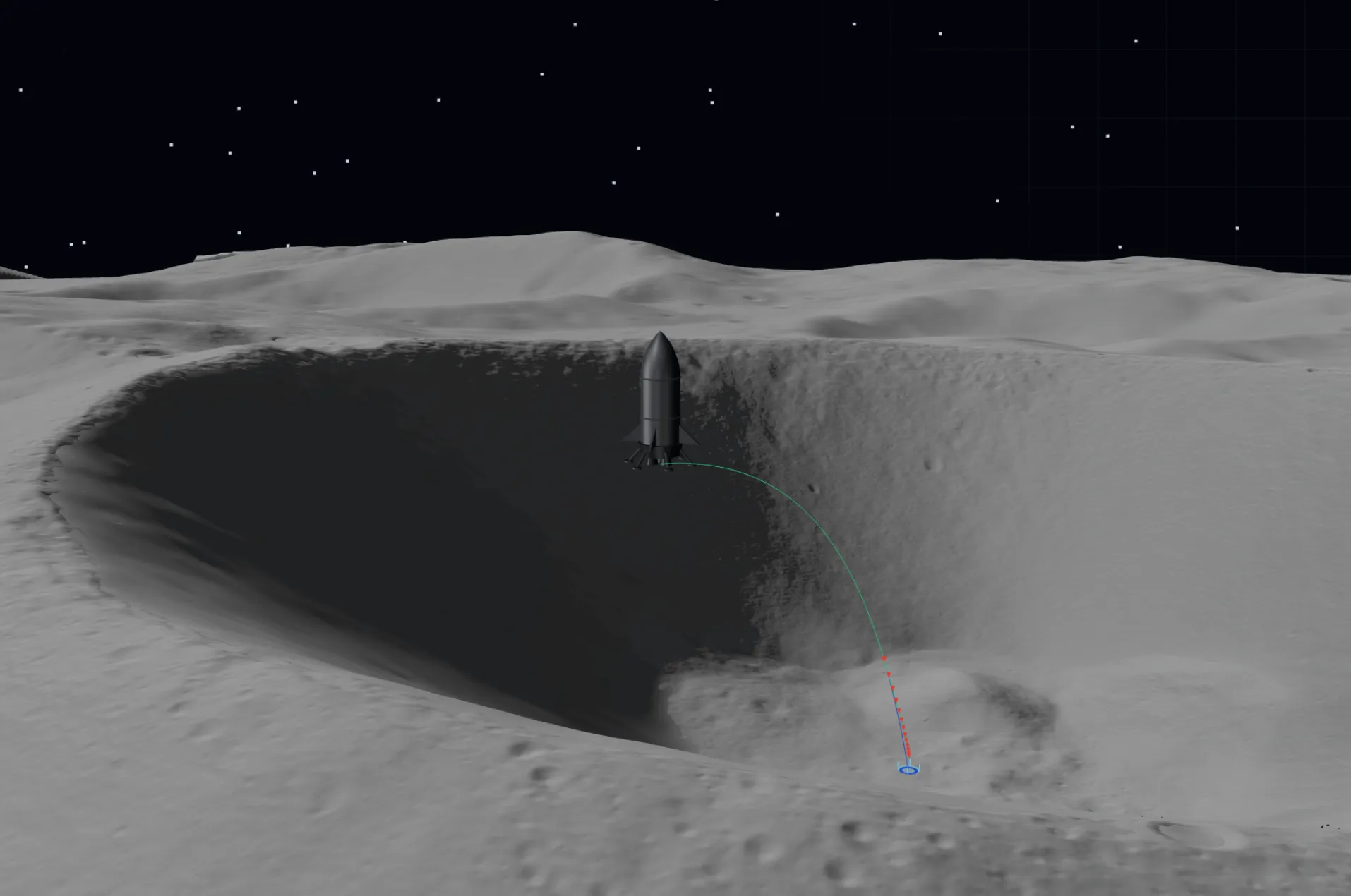The simulated lander hovering above a deeply shadowed crater, its planned trajectory arcing down in green to a marked landing target on the sunlit floor beyond.